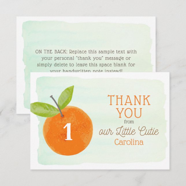 Tarjeta De Agradecimiento Pequeña Naranja Cutie Clementine Primer cumpleaños (Anverso / Reverso)