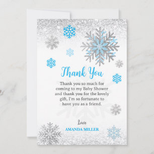 Tarjeta De Agradecimiento Pequeña Nieve Azul Plateado Baby Shower Brillante