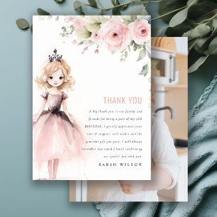 Tarjeta De Agradecimiento Pequeña Princesa Rosa Floral Cumpleaños Foto