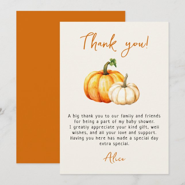 Tarjeta De Agradecimiento Pequeña Rústica de calabaza otoño Baby Shower (Anverso / Reverso)