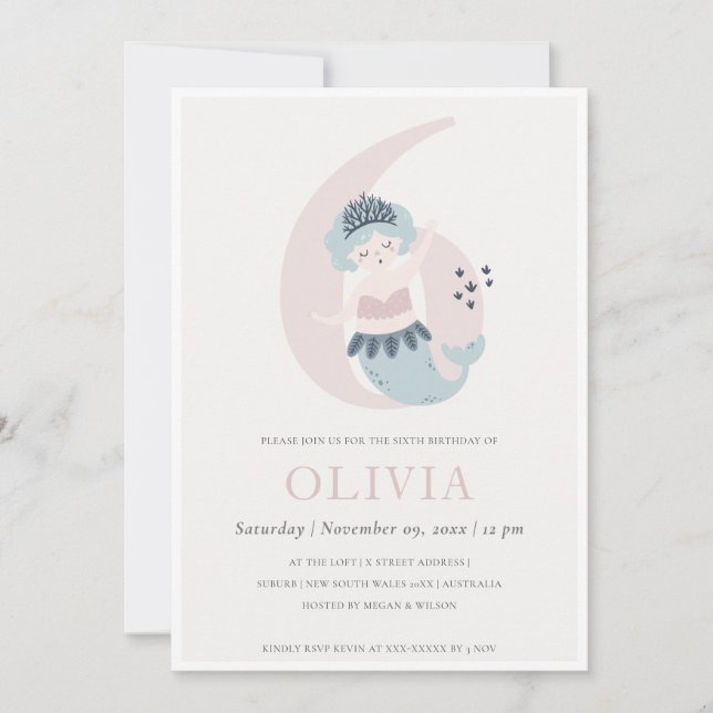 Tarjeta De Agradecimiento Pequeña sirena azul rosada invitada de cumpleaños  (Anverso)