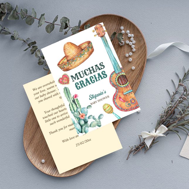 Tarjeta De Agradecimiento Pequeña y joven fiesta mexicana (Mexican fiesta little muchacho baby shower thank you card muchas gracias card guitar sombrero cactus)