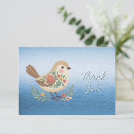 Tarjeta De Agradecimiento Pequeño Bird Floral Embroidery Blue Gracias Tarjet