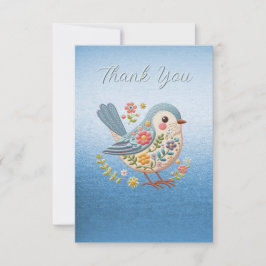 Tarjeta De Agradecimiento Pequeño Bird Floral Embroidery Blue Gracias Tarjet