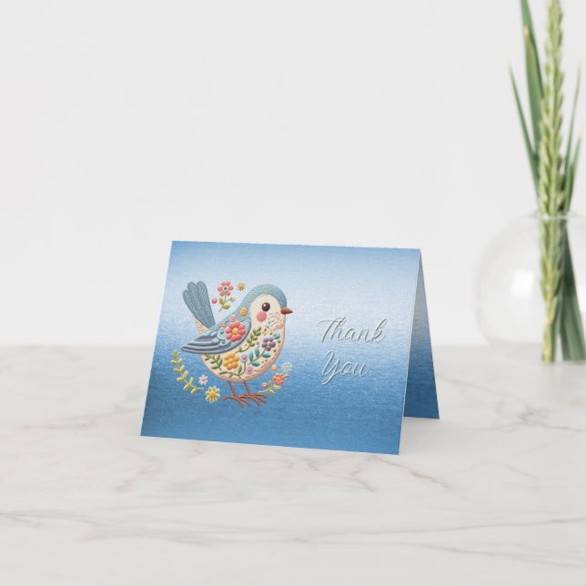 Tarjeta De Agradecimiento Pequeño Bird Floral Embroidery Blue Gracias Tarjet (Anverso)