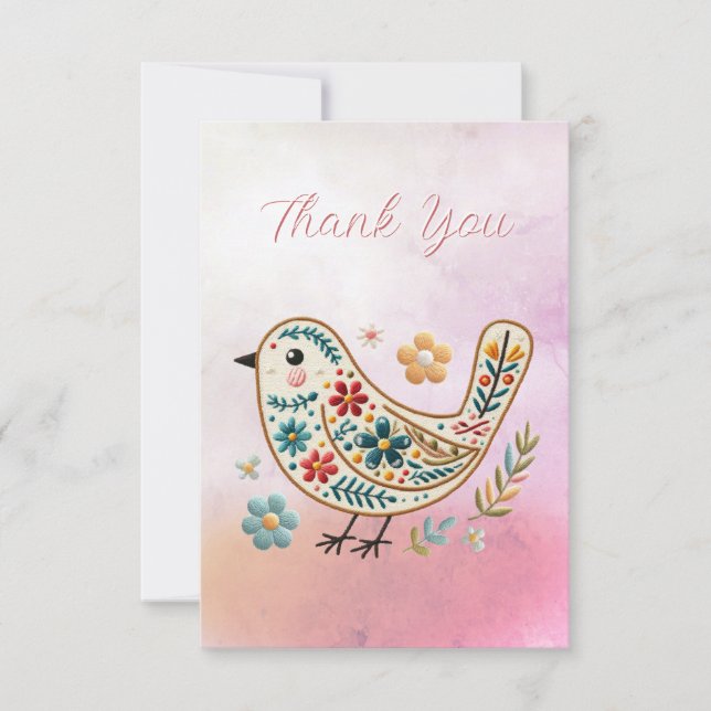 Tarjeta De Agradecimiento Pequeño Bird Floral Embroidery Pink Gracias Tarjet (Anverso)