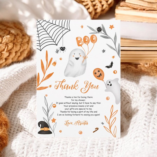 Tarjeta De Agradecimiento Pequeño Boo naranja de Halloween lindo ducha (Cute little Boo Halloween orange baby shower Thank You Card)