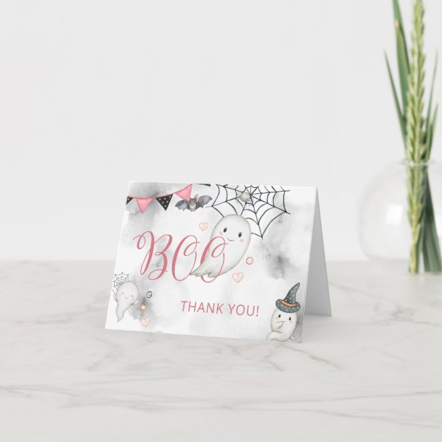 Tarjeta De Agradecimiento Pequeño Boo Rosa Halloween Fantasma Baby Shower (Anverso)