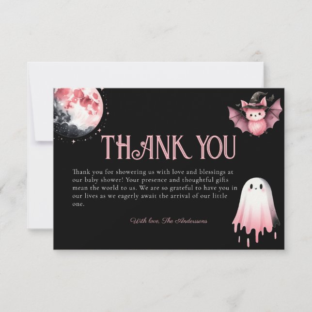 Tarjeta De Agradecimiento Pequeño Boo Rosa Halloween Fantasma Baby Shower (Anverso)