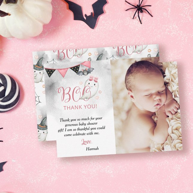 Tarjeta De Agradecimiento Pequeño Boo Rosa Halloween Fantasma Baby Shower Fo (Subido por el creador)