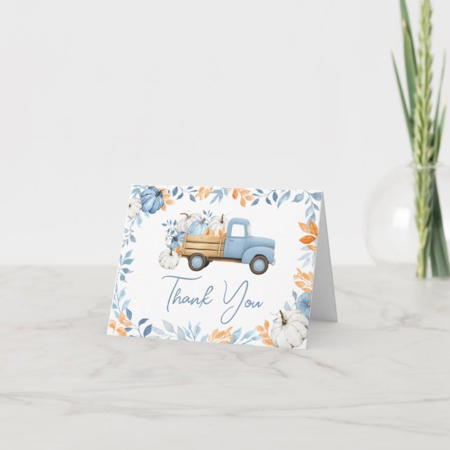 Tarjeta De Agradecimiento Pequeño Camión Azul de Calabaza Cae Baby Shower (Anverso)