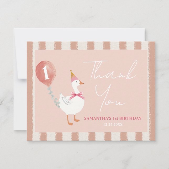 Tarjeta De Agradecimiento Pequeño Chica de globo rosado de Goose Primer cump (Anverso)