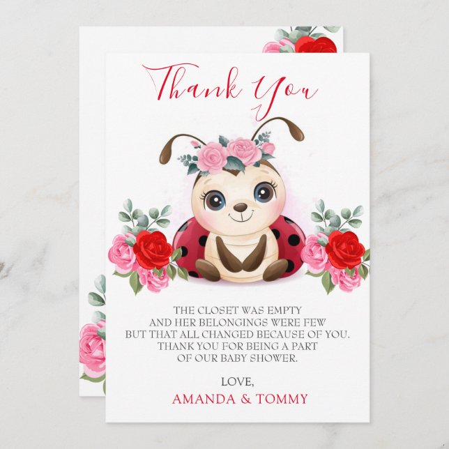 Tarjeta De Agradecimiento Pequeño Chica de Ladybug Baby Shower Gracias (Anverso / Reverso)