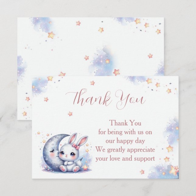Tarjeta De Agradecimiento Pequeño conejito blanco y luna de plata. (Anverso / Reverso)