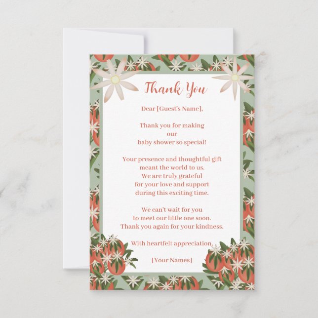 Tarjeta De Agradecimiento Pequeño Cutie Clementine Sage Neutral Baby Shower (Anverso)
