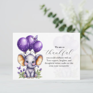 Tarjeta De Agradecimiento Pequeño Elefante con Globos Morados Soñadores