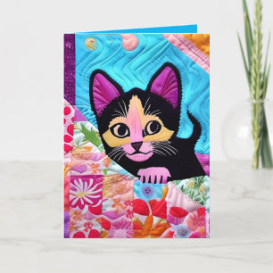 Tarjeta De Agradecimiento Pequeño Gatito Blanco Y Negro Quilt Como Diseño