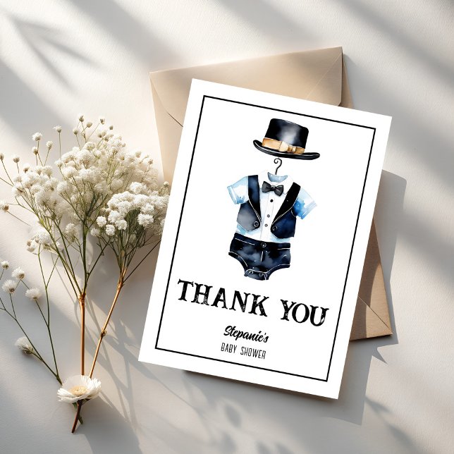 Tarjeta De Agradecimiento Pequeño hombre gorra de esmoquin negro ducha de be (Little man black tuxedo and hat gentleman baby shower thank you cards)
