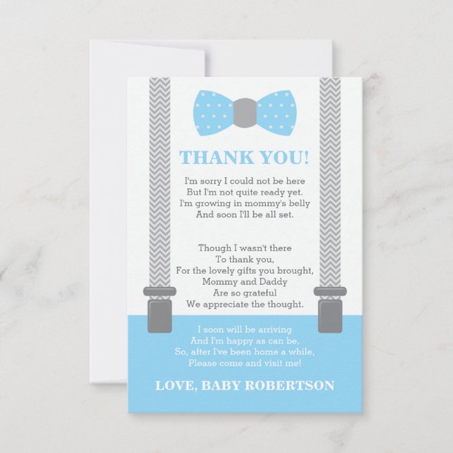 Tarjeta De Agradecimiento Pequeño Hombre Gracias Tarjeta, Bebé Azul, Gris (Anverso)