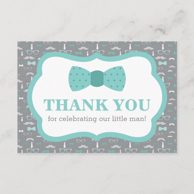 Tarjeta De Agradecimiento Pequeño Hombre Gracias Tarjeta, Bow Tie, Turquesa, (Anverso)