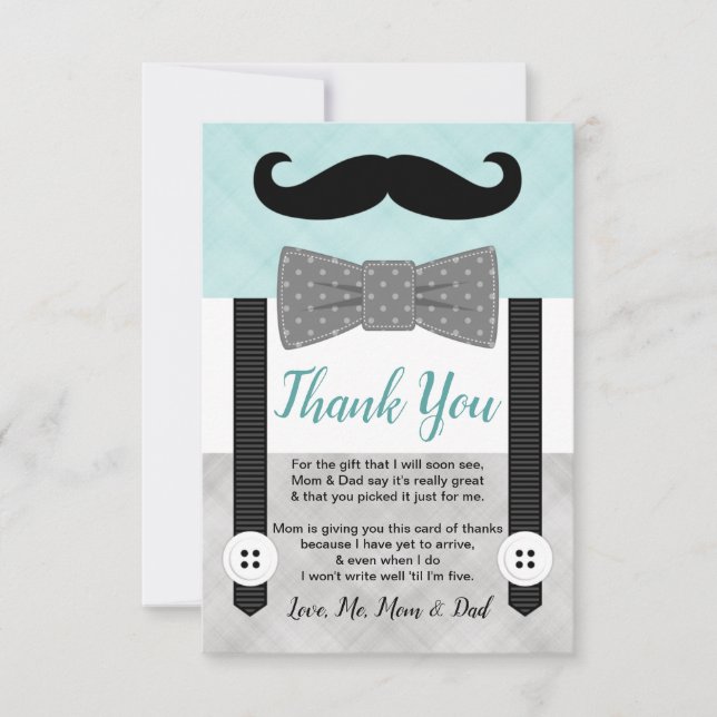 Tarjeta De Agradecimiento Pequeño hombre gris mostache niño bebé ducha (Anverso)