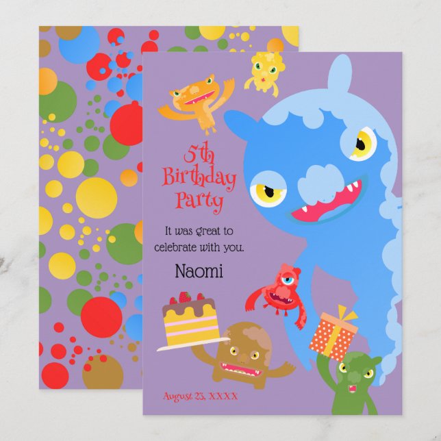 Tarjeta De Agradecimiento Pequeño Monstruo Fiesta y fiesta de cumpleaños de  (Anverso / Reverso)