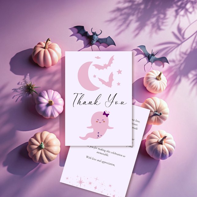 Tarjeta De Agradecimiento Pequeño novio lindo fantasma ducha de bebé Hallowe (Little boo cute ghost Halloween baby shower Thank You Cards pastel pink)