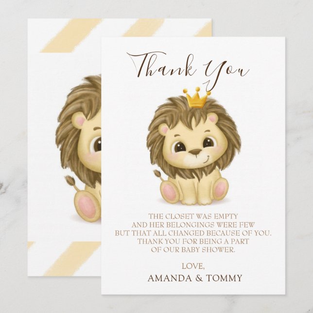 Tarjeta De Agradecimiento Pequeño Príncipe León Niño Baby Shower Gracias (Anverso / Reverso)