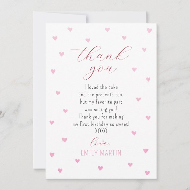 Tarjeta De Agradecimiento Pequeño querido corazón rojo rosado Primer cumplea (Anverso)