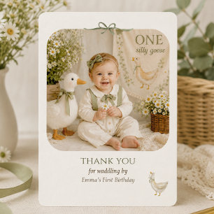 Tarjeta De Agradecimiento Pequeño Sabio Ganso Verde Primer Cumpleaños