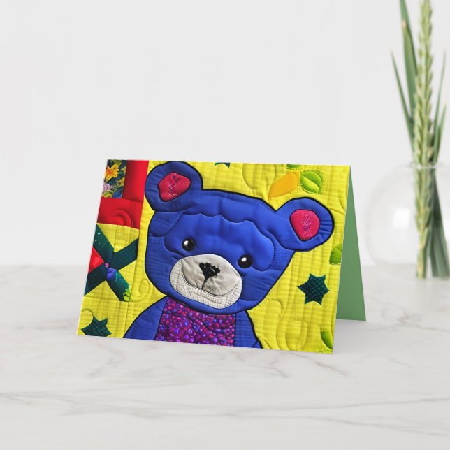 Tarjeta De Agradecimiento Pequeño Teddy Azul Tejido Quillado Como Cumpleaños (Anverso)