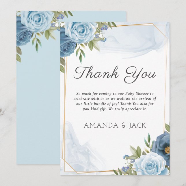 Tarjeta De Agradecimiento Pequeño y elegante Baby Shower botánico azul (Anverso / Reverso)