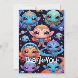 Tarjeta De Agradecimiento Pequeños alienígenas multicolores en el espacio