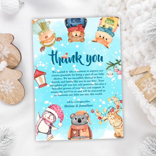Tarjeta De Agradecimiento Pequeños animales de Woodland Elegante Baby Shower (Cute Woodland Animals Elegant Winter Baby Shower Thank You Card)