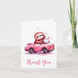 Tarjeta De Agradecimiento Perezoso lindo en un convertible rosa