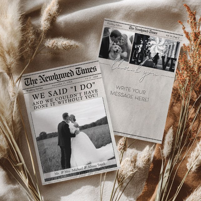 Tarjeta De Agradecimiento Periódico único Boda multifoto (Newspaper theme elegant multi-photo wedding thank you card with space to write your personal message)
