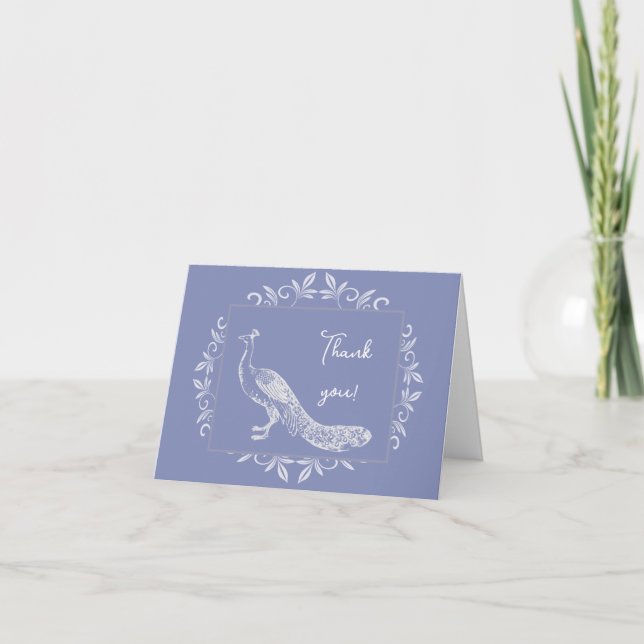 Tarjeta De Agradecimiento Periwinkle Peacock Flourish Boda Gracias (Anverso)