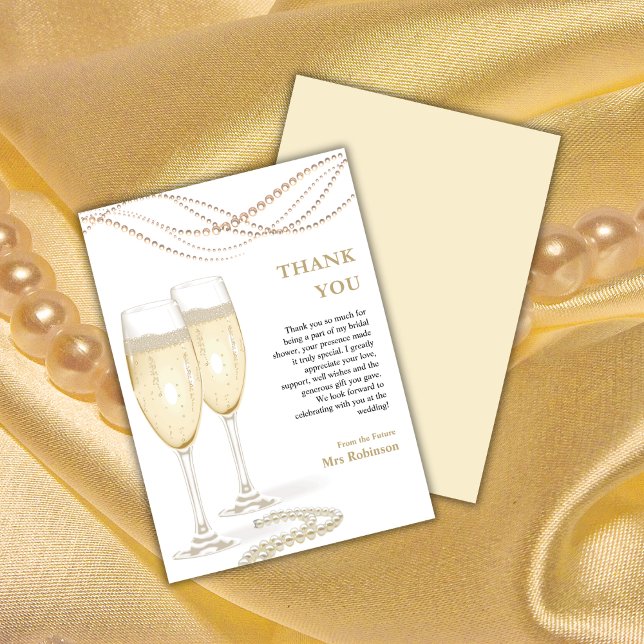 Tarjeta De Agradecimiento Perlas y duchas de novia Gold Elegant (Gold Elegant Pearls & Prosecco Bridal Shower Thank You Card )
