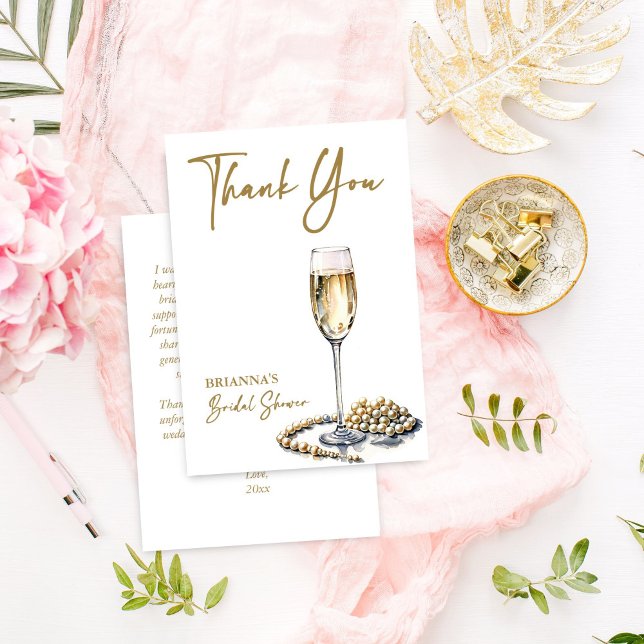 Tarjeta De Agradecimiento Perlas y prosecco despedida de soltera estampado e (Pearls and prosecco bridal shower elegant thank you cards watercolor champagne glass and pearls)