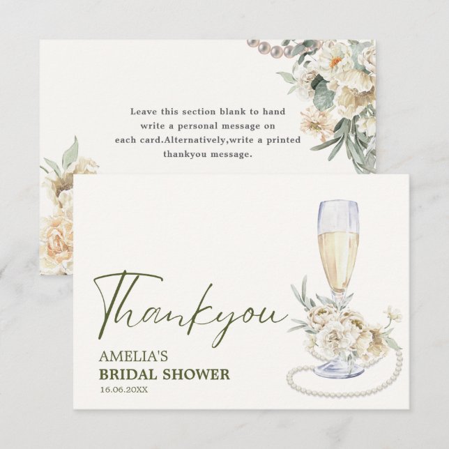 Tarjeta De Agradecimiento Perlas y prosecco ducha floral para la novia (Anverso / Reverso)