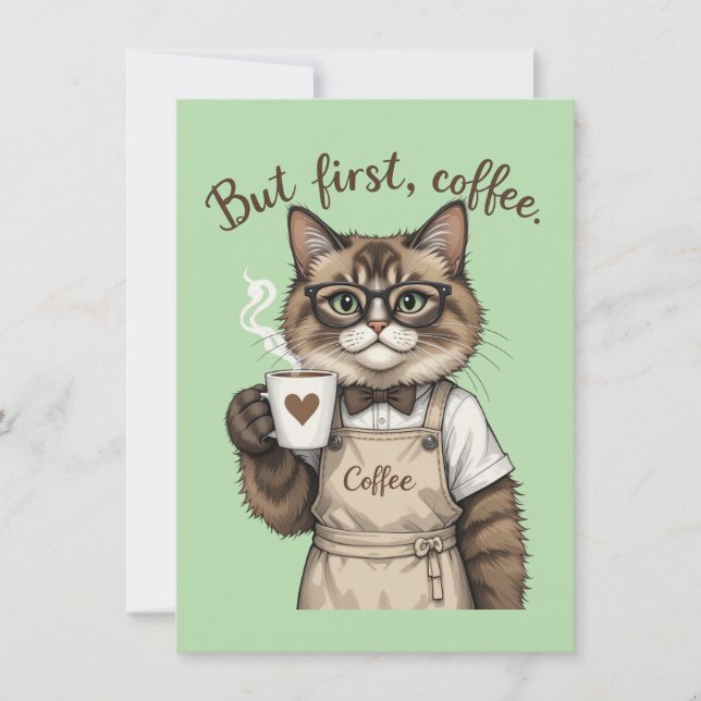 Tarjeta De Agradecimiento Pero Primero, Gato Café (Anverso)