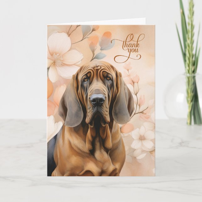 Tarjeta De Agradecimiento Perro Bloodhound con flores de melocotón (Anverso)