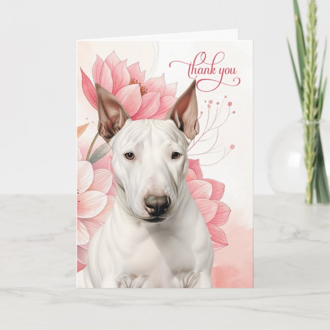 Tarjeta De Agradecimiento Perro Bull Terrier Flores Botánicas Rosa Suave (Anverso)