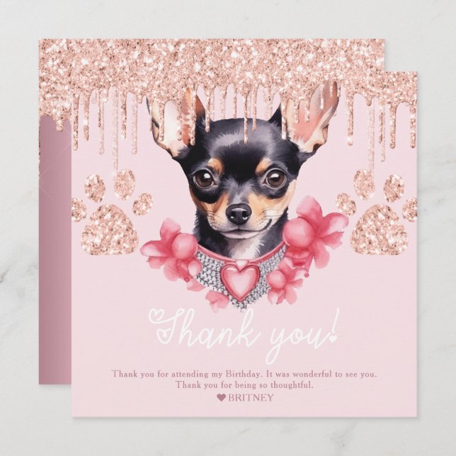 Tarjeta De Agradecimiento Perro Chihuahua con fiesta de cumpleaños Purpurina (Anverso / Reverso)