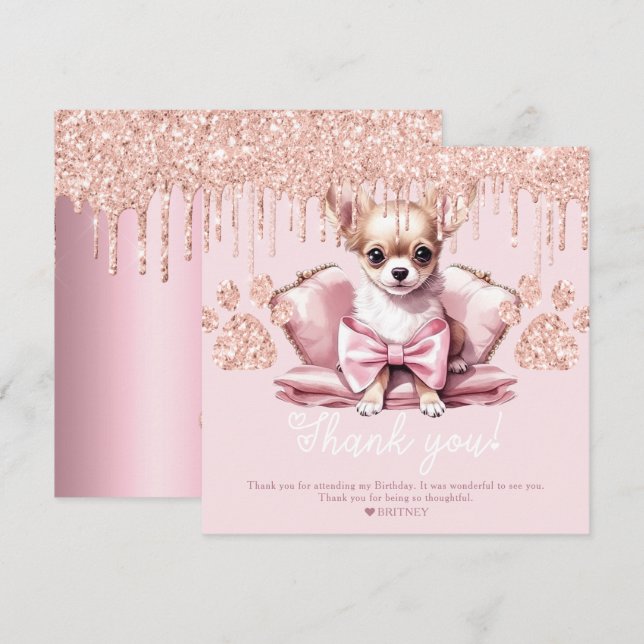 Tarjeta De Agradecimiento Perro Chihuahua con fiesta de cumpleaños Purpurina (Anverso / Reverso)