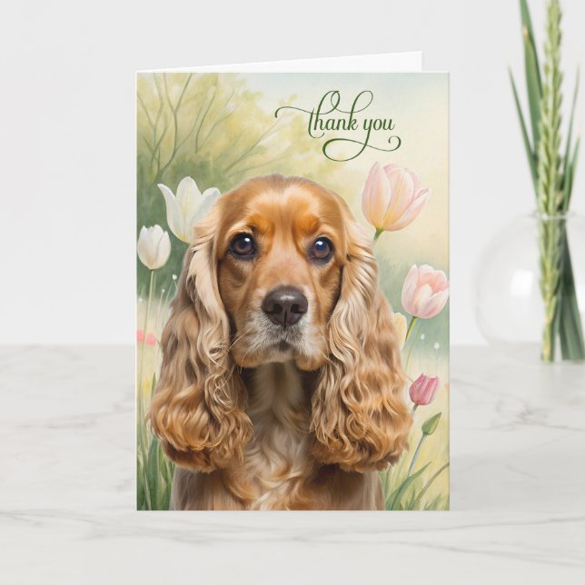 Tarjeta De Agradecimiento Perro Cocker Spaniel en jardín de tulipanes (Anverso)