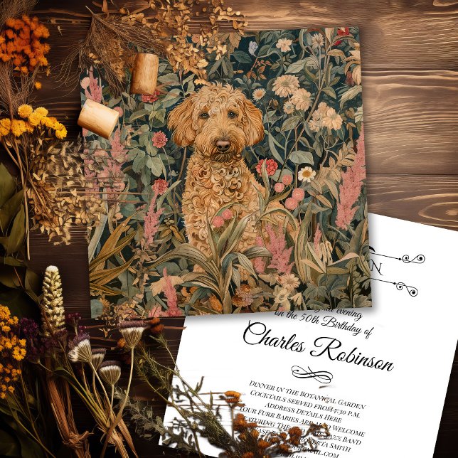 Tarjeta De Agradecimiento Perro Goldendoodle en el jardín estilo William Mor (Subido por el creador)