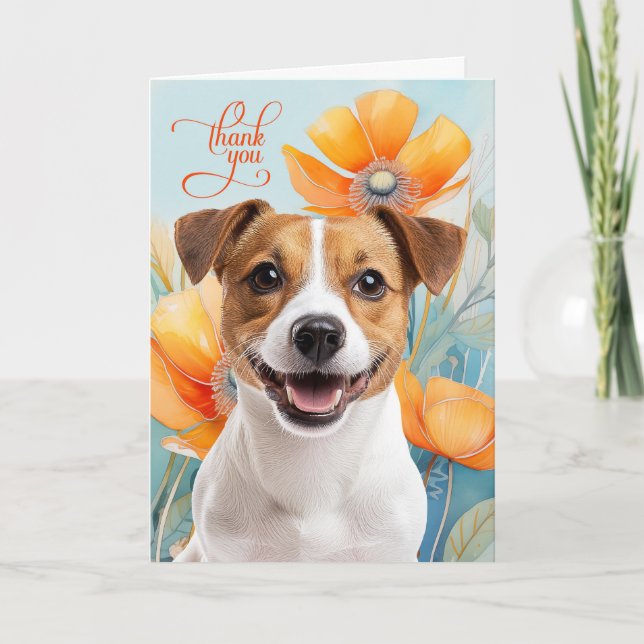 Tarjeta De Agradecimiento Perro Jack Russell con amapolas naranjas (Anverso)