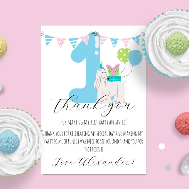 Tarjeta De Agradecimiento Perro lindo junto al primer cumpleaños azul (Subido por el creador)