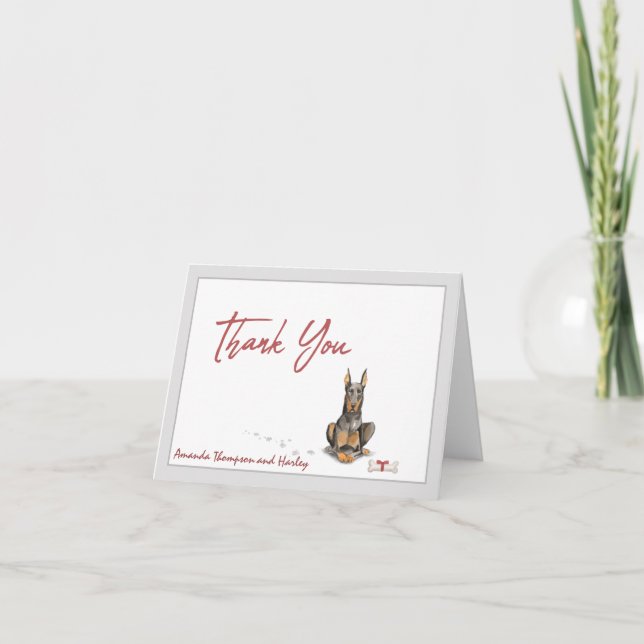 Tarjeta De Agradecimiento Perro Mascota Doberman Personaliza Cinta Ósea  (Anverso)